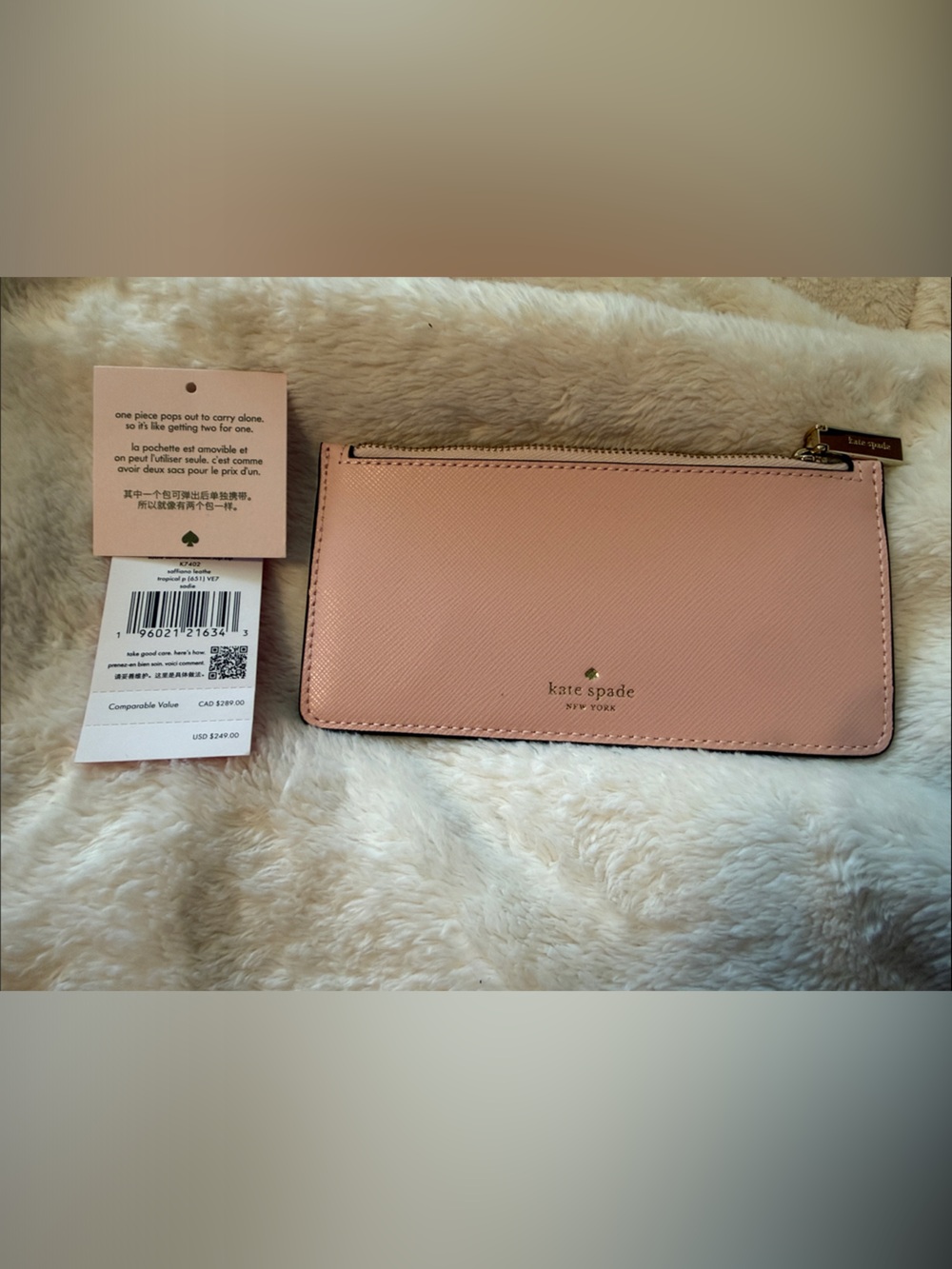 kate spade Pink Saffiano Leather Top Zip Card Case